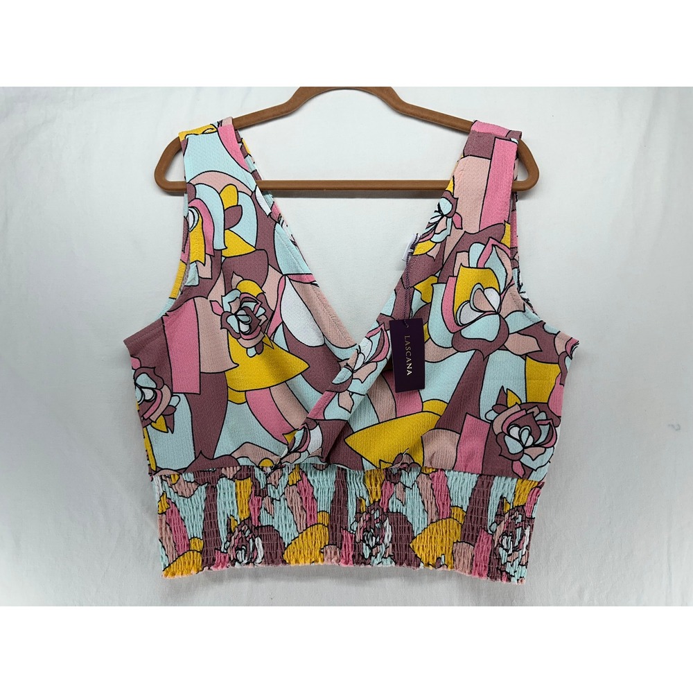 Lascana Retro Floral Surplice V-Neck Smocked Crop Top Pink Yellow Blue US 12/14